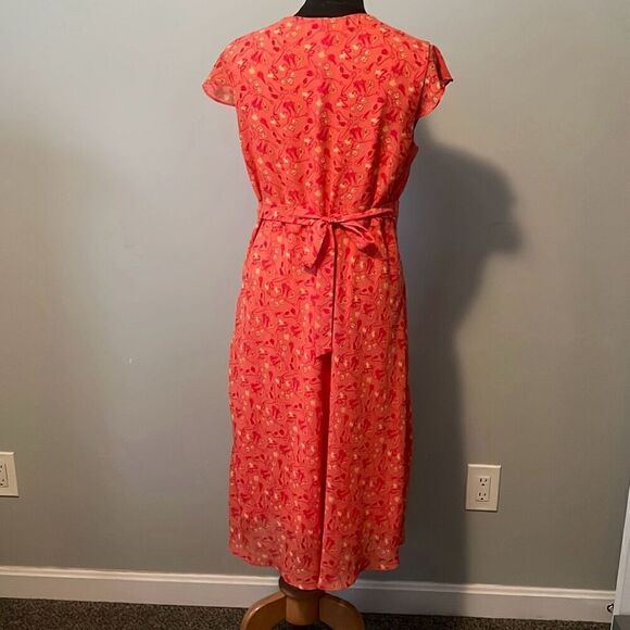 Ombre Womens Floral Ruffle Surplice Shift Midi Dress Orange Size 10 - Picture 3 of 8
